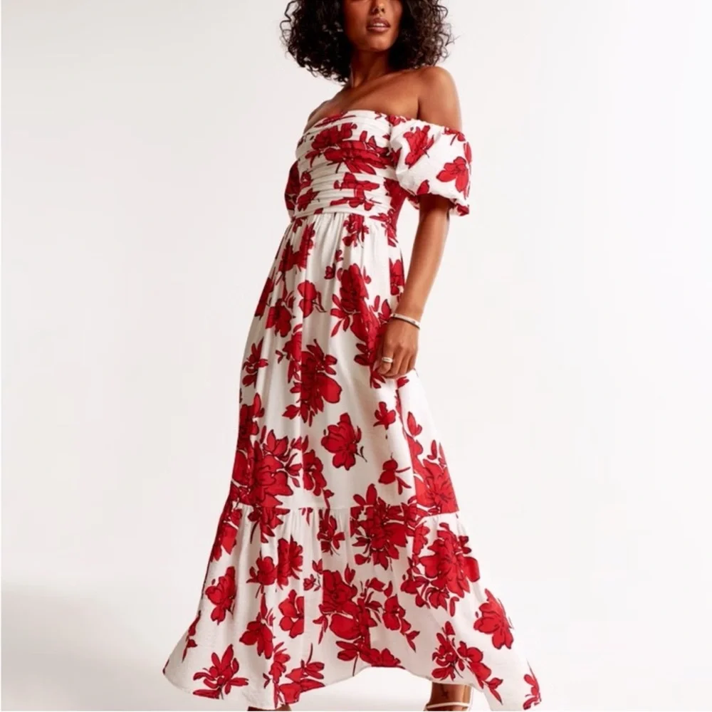 Abercrombie & Fitch Emerson Off-The-Shoulder Maxi Dress Red Floral Size M NWT